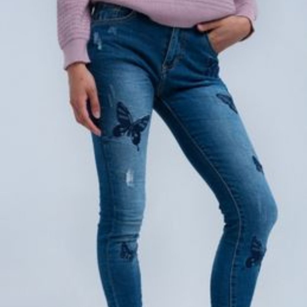 Butterfly Embroidered Skinny Jeans